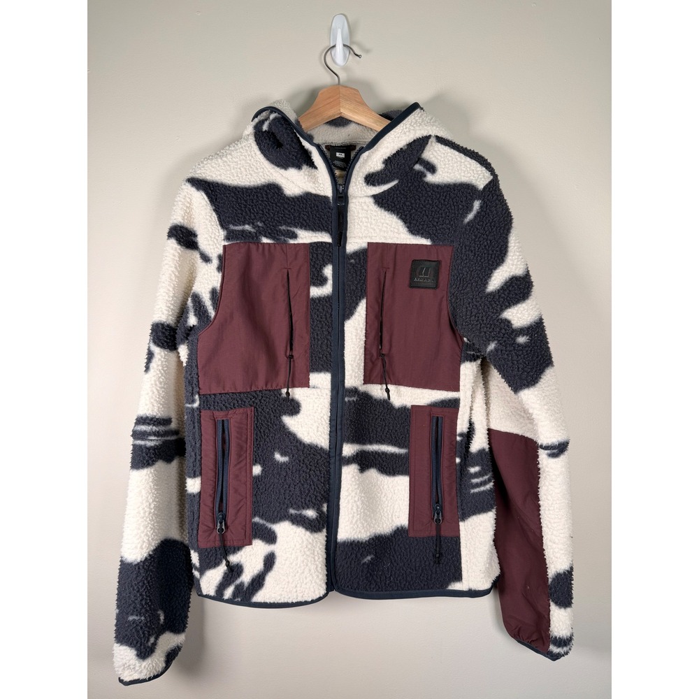 Armada Cow Print Sherpa Fleece Hooded Jacket Navy Cream Burgundy XS 568030